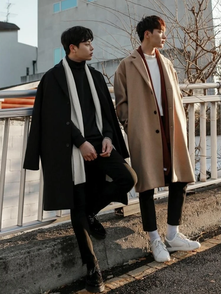 

Мужское двухслойное шерстяное пальто большого размера в корейском стиле, теплый плащ средней длины на весну и осень, модная верхняя одежда выше колена