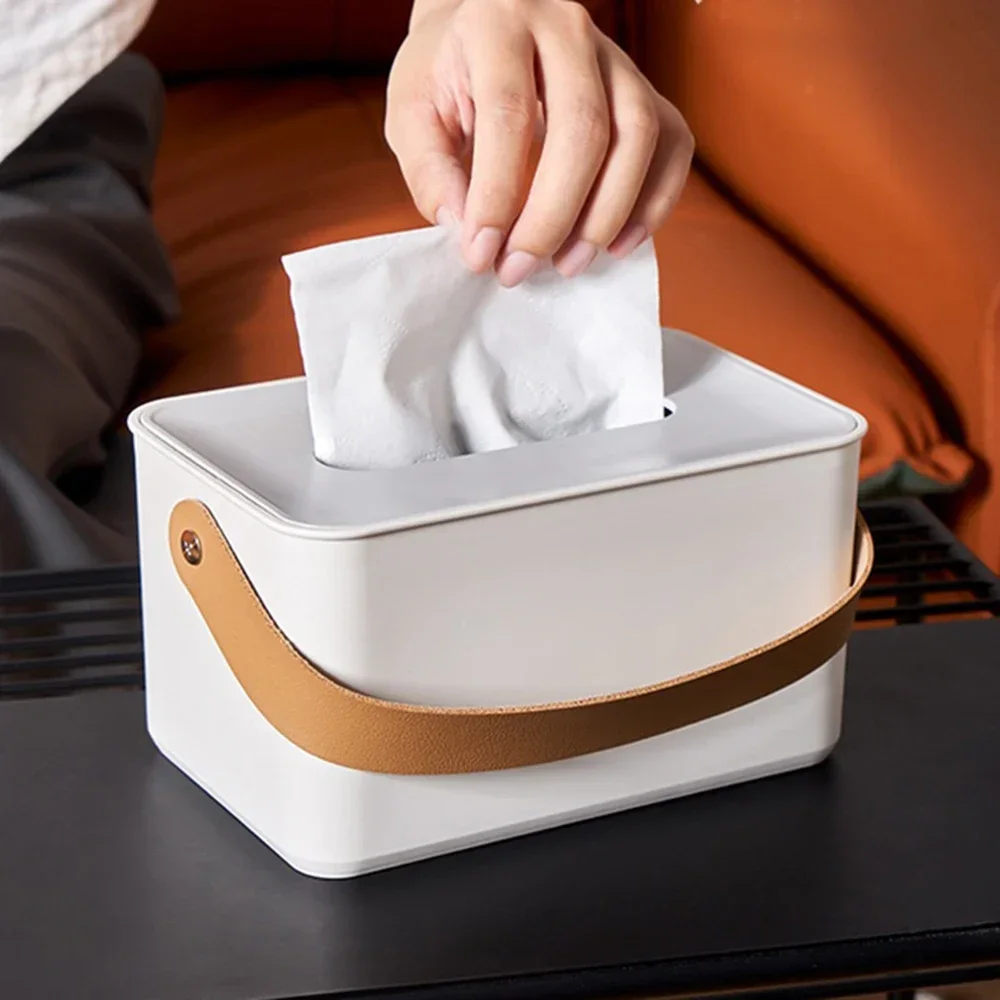 

Simple Tissue Box Portable Napkin Holder with PU Leather Handle Stylish Desktop Office Round Square Toilet Paper Case Home Decor