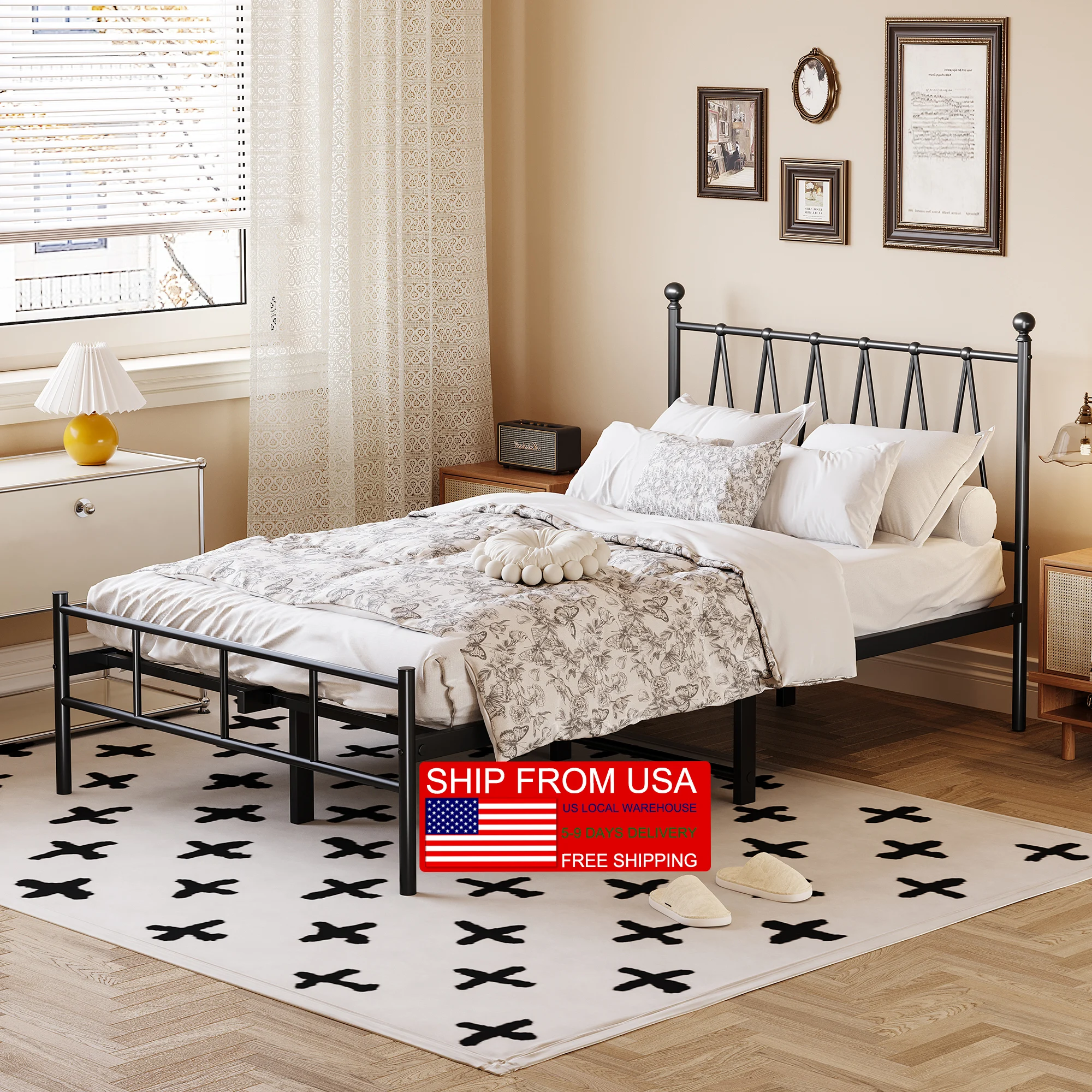 

Single Size Bed Frame Heavy-Duty Platform with Metal Slats Support No Box Spring Needed/Easy Assembly Matte Black