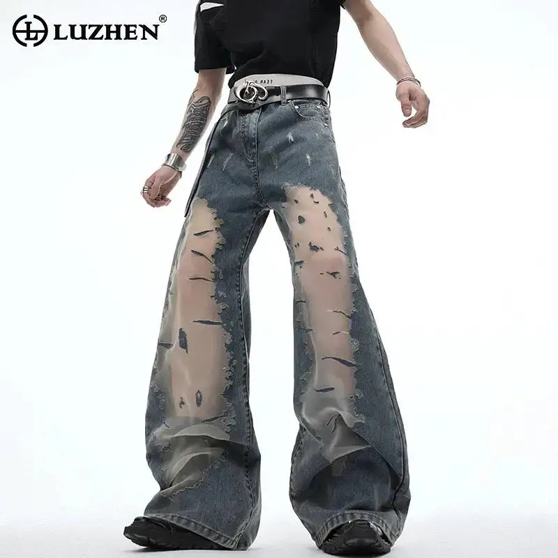 LUZHEN Pants Stylish Personalized Gauze Splicing Denim Perspective Design Men 2025 New Original Design High Street Jeans JY7125