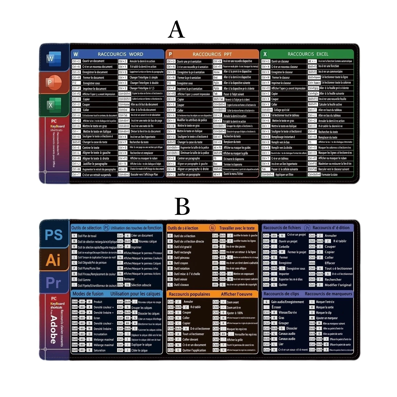 النسخة الفرنسية Excel/Word/Windows/PPT لوحة ماوس من ورقة الغش، لوحة مفاتيح الكمبيوتر لطلاب عمال المكاتب مكتب حصيرة مكتبية