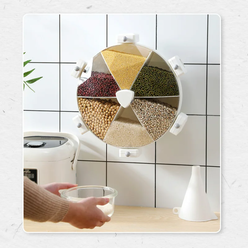 

360° Rotation Household Grain Storage Box Kitchen Rice Classification Storage Jar Wall-mounted Separate Multigrain Storage Tank