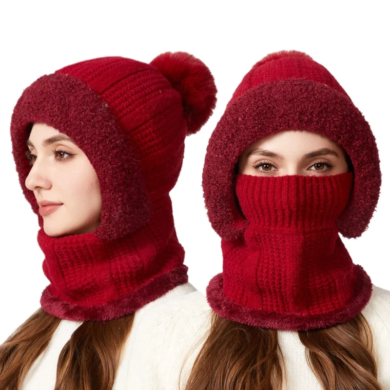 ‌Cold Weather Beanie Women All-in-One Knitted Hood Winter Hat Scarf Face Mask for Windproof Cycling New Year Cap Christmas Gift