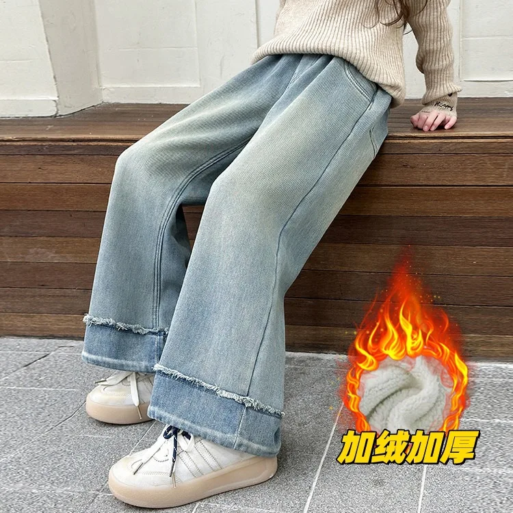 

Winter Thickened Children Fashion Wide Leg Jeans for Girls Loose Straight Denim Pants New Kids Designer Casual Warm Trousers