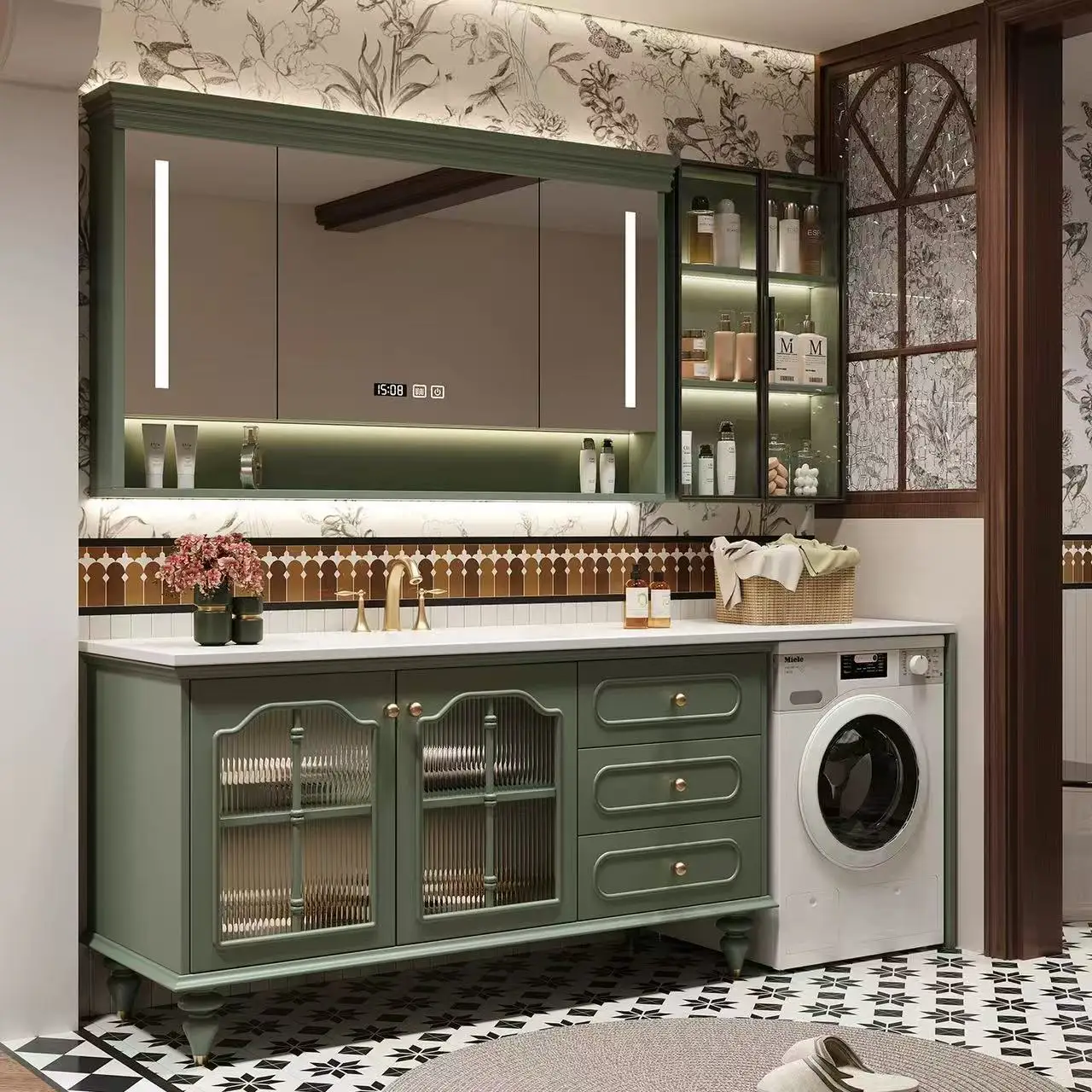Avocado Green French Retro Vanity, Ceramic Integrated Washbasin, Vintage Style Hand Wash Sink Cabinet for Home