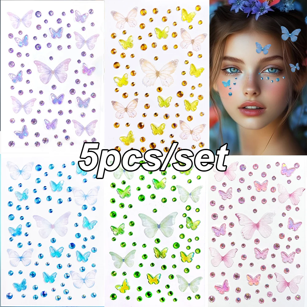 

5pcs Colorful Butterfly Rhinestones Face Gem Fairy Aurora Gradient Butterfly Self-adhesive Face Stickers Women Party Face Decals