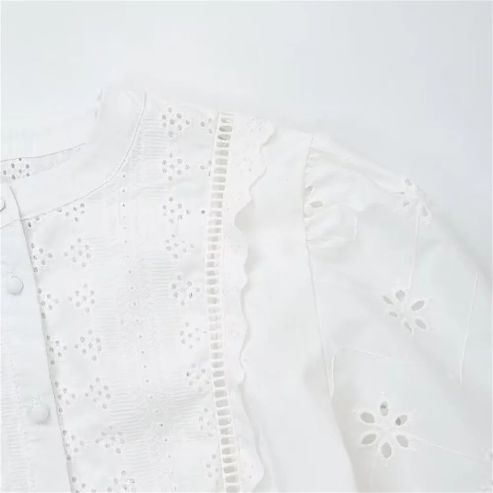 Taop&Za\'s 2024 Summer New Women\'s Fashion and Casual Versatile Round Neck Long Sleeve Hollow Embroidered Button Shirt