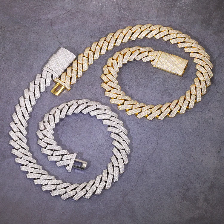 Pass Diamond Tester Custom High-end Jewelry 3rows 20mm Wide White and Yellow Gold Plated S925 Cuban Link Chain