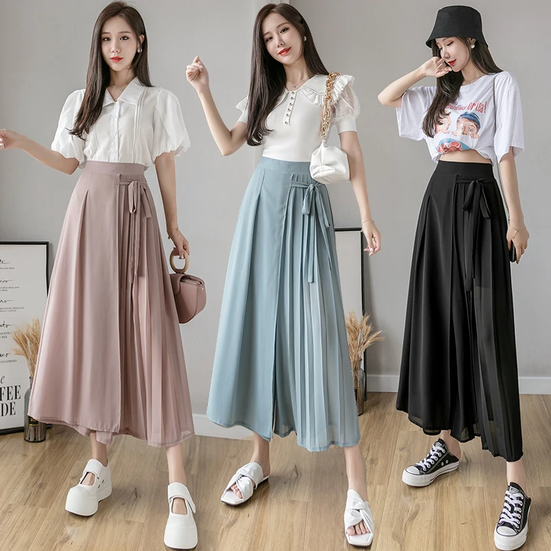 

Fashion Pants Woman Casual Culottes Women Clothes Female Pleated Wide Leg Pant Girls Sexy Trouser Skirt OL Bottoms Pants BVAD964