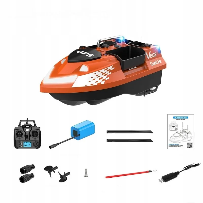 V802 Pro RC Köderboot mit 4 Köderkammern, 500m Selbstrückkehr bei Stromausfall/Geringer Leistung, 160 GPS-Punkte, Dual-Antenne, 3KG Max. Zuladung, 12000mAh Akku für Angeln