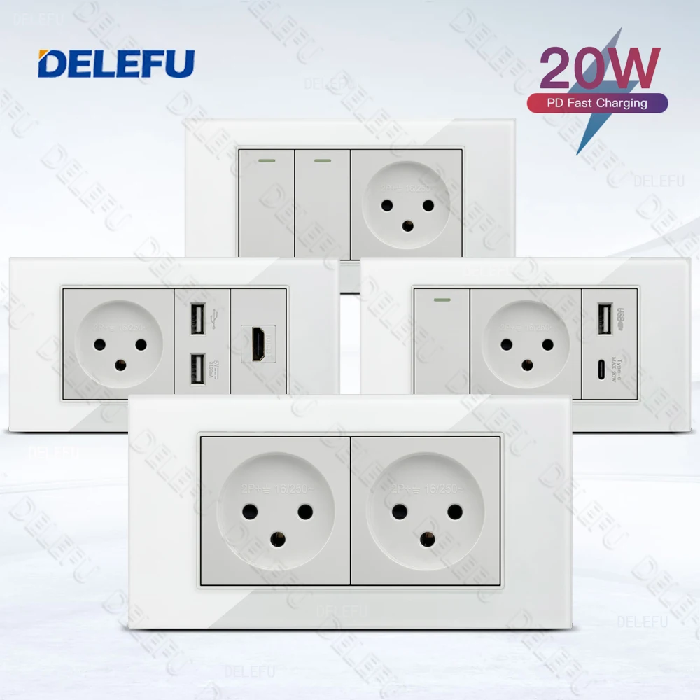 DELEFU Glass SC70 Panel 145mm White Israeli Standard USB C-type Fast Charging Wall Socket Switch TV Phone CAT5 CAT6