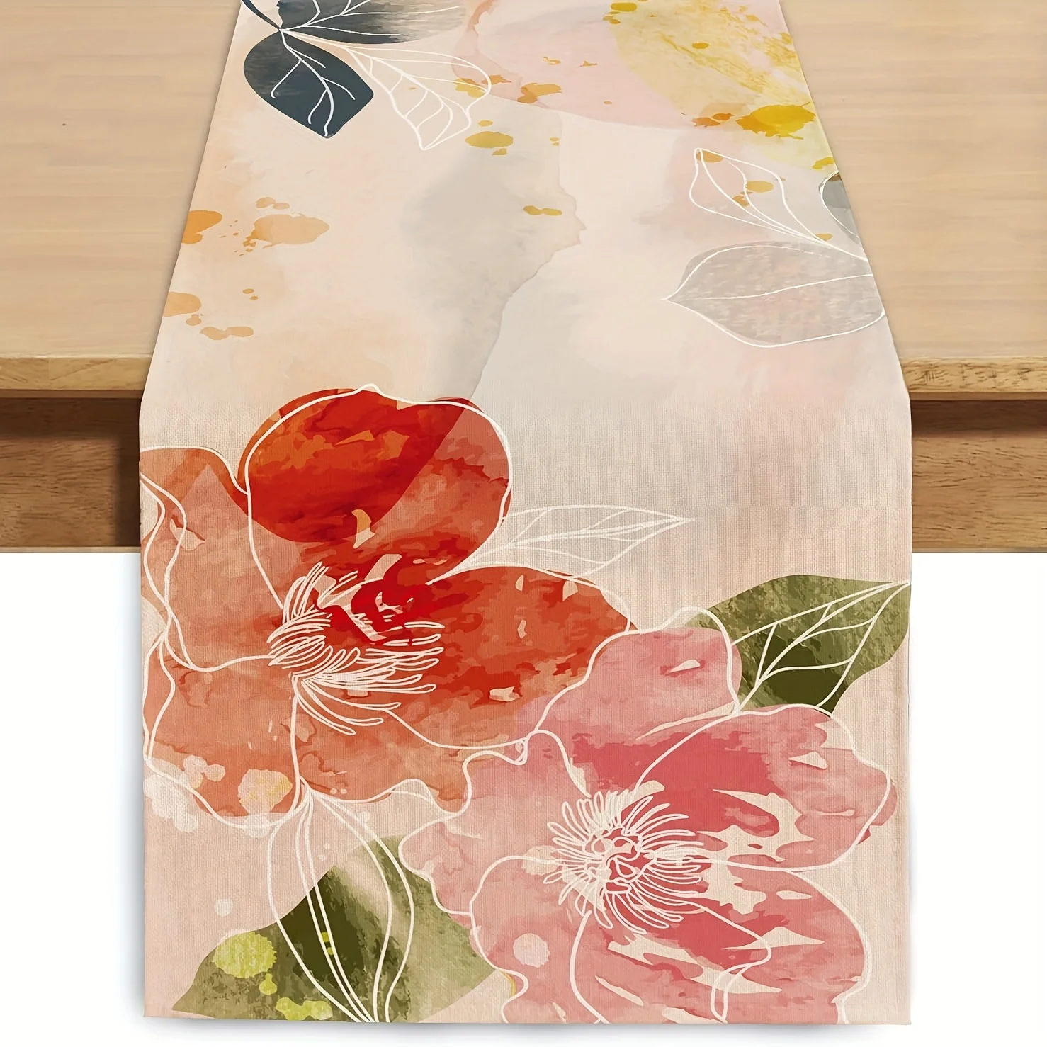 1 Piece of Pink Floral-Watercolor Art Flower and Leaf Table Runner, Suitable for Farmhouse, Indoor, Kitchen, Celebrations, Table Decoration, Restaurant, and Banquet Decoration Supplies