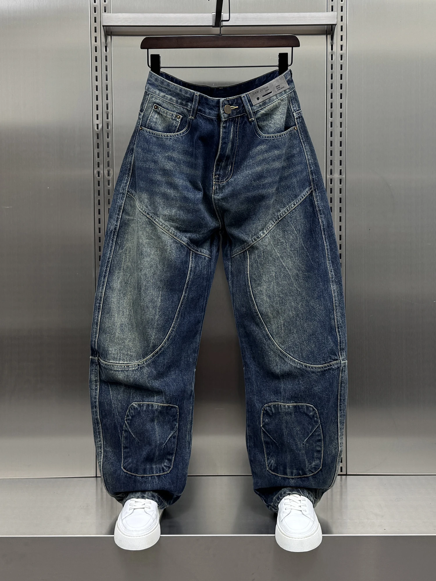 

Мужские джинсы в стиле ретро с лоскутным дизайном, свободные, с эффектом потертости, прямые, повседневные, осенние, модные, брендовые