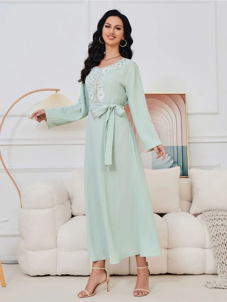 Eid Arab Muslim Party Dress for Women Abaya Beading Jalabiya Long Dresses Morocco Kaftan Vestidos Dubai Ramadan Gown Robe 2024