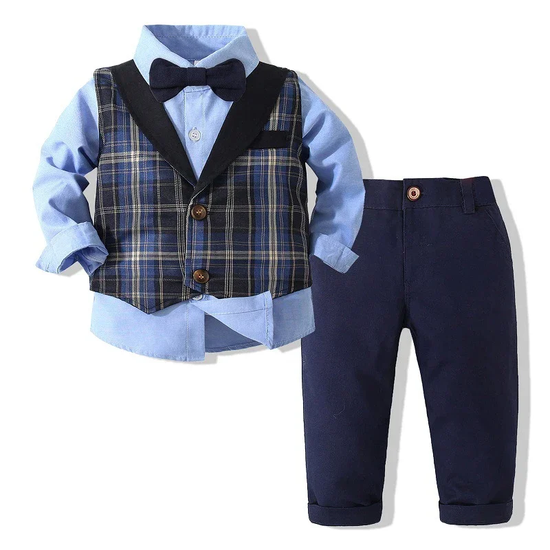 Baby Boy Gentleman Suit Spring Autumn Blue Shirt With Bow Tie+ Plaid Vest + Trousers 3Pcs Formal Kids Wedding Party Clothes Set