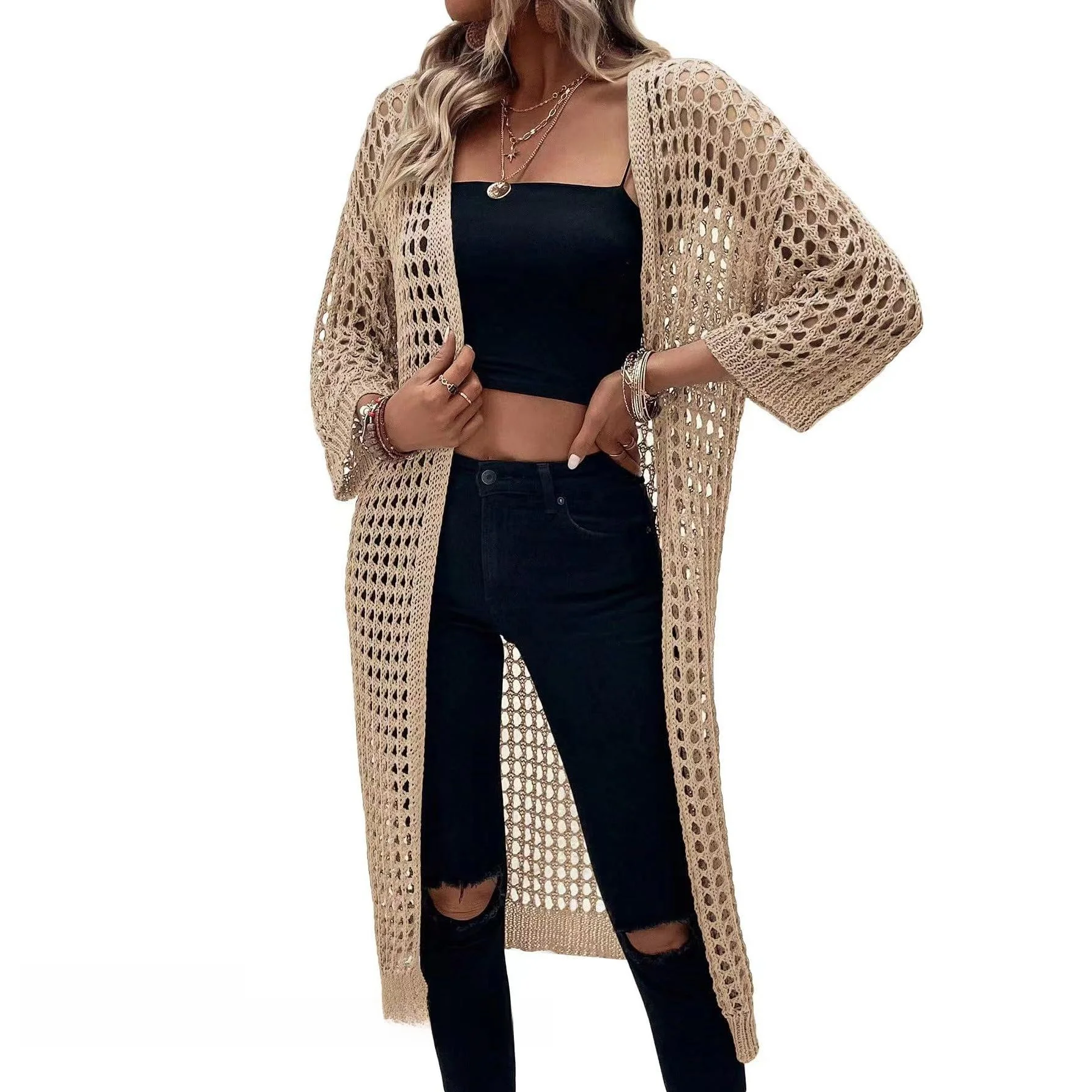 Pure Color Open Cardigan Long Knitted Hollow Sweater Women's Loose Fit Spring Fashion Outerwear Single Piece Long Sleeve