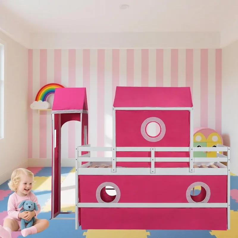 Twin-Size Kids Loft Bed with Slide, Pink Tent & Tower, Toddler Playhouse, Wooden Loft Bed with Guardrail, Fun Under-Bed P