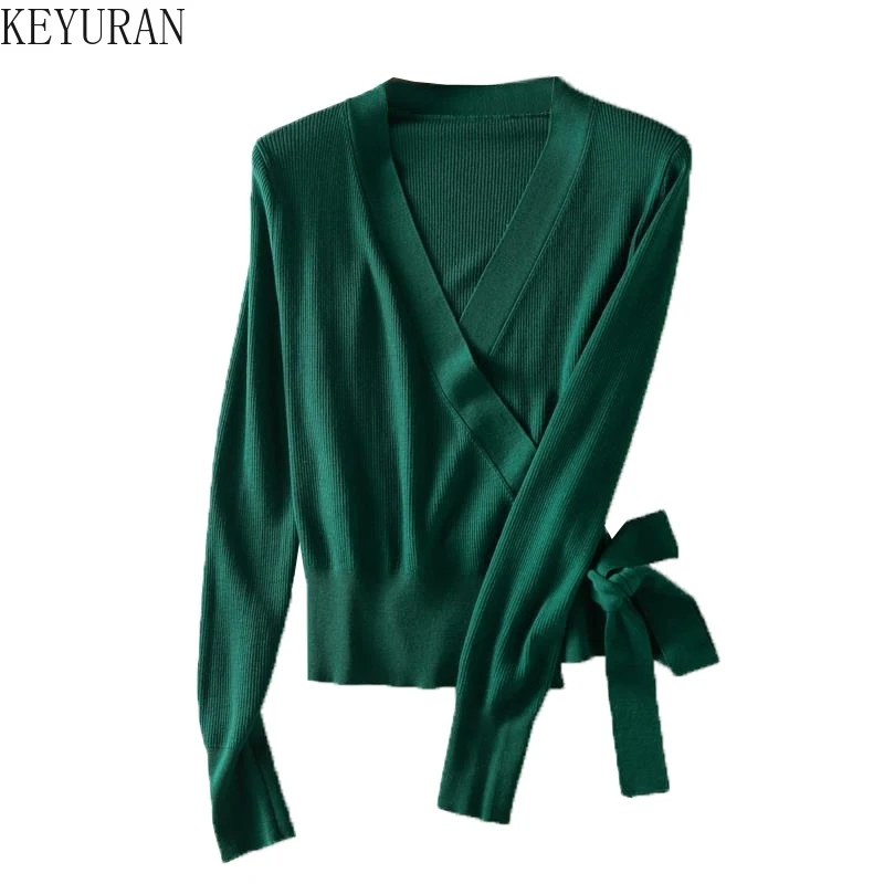 2024 Spring and Autumn New Knitted Cardigan Womens Sweaters V-neck Long-sleeved Lace-up Slim Cropped Sweater Top Jumper