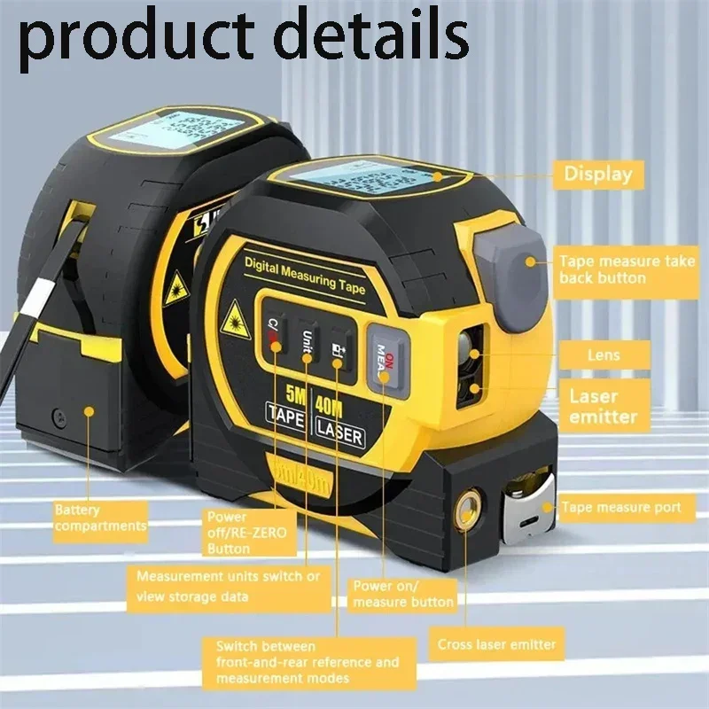 Laser Tape Measure 40m/60m Laser Distance Meter Rangefinder Laser Tools 3 In 1 Digital Tape Measuring Tools With Backlit Display