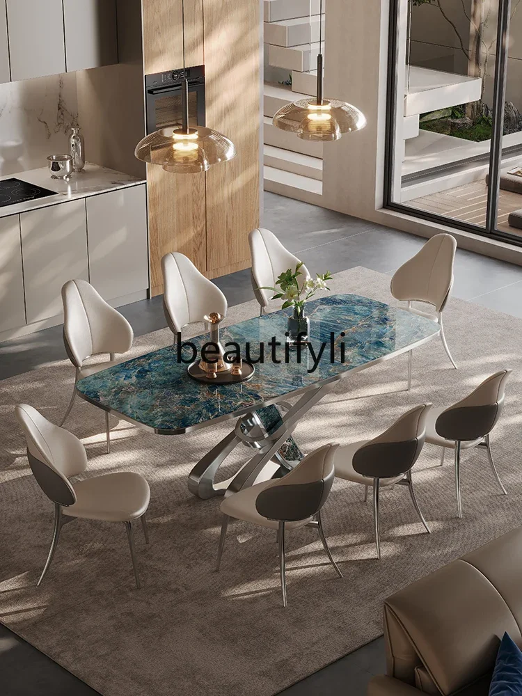 

Rock slab Italian light luxury modern simple high-end living room villa rectangular microcrystalline stone dining table