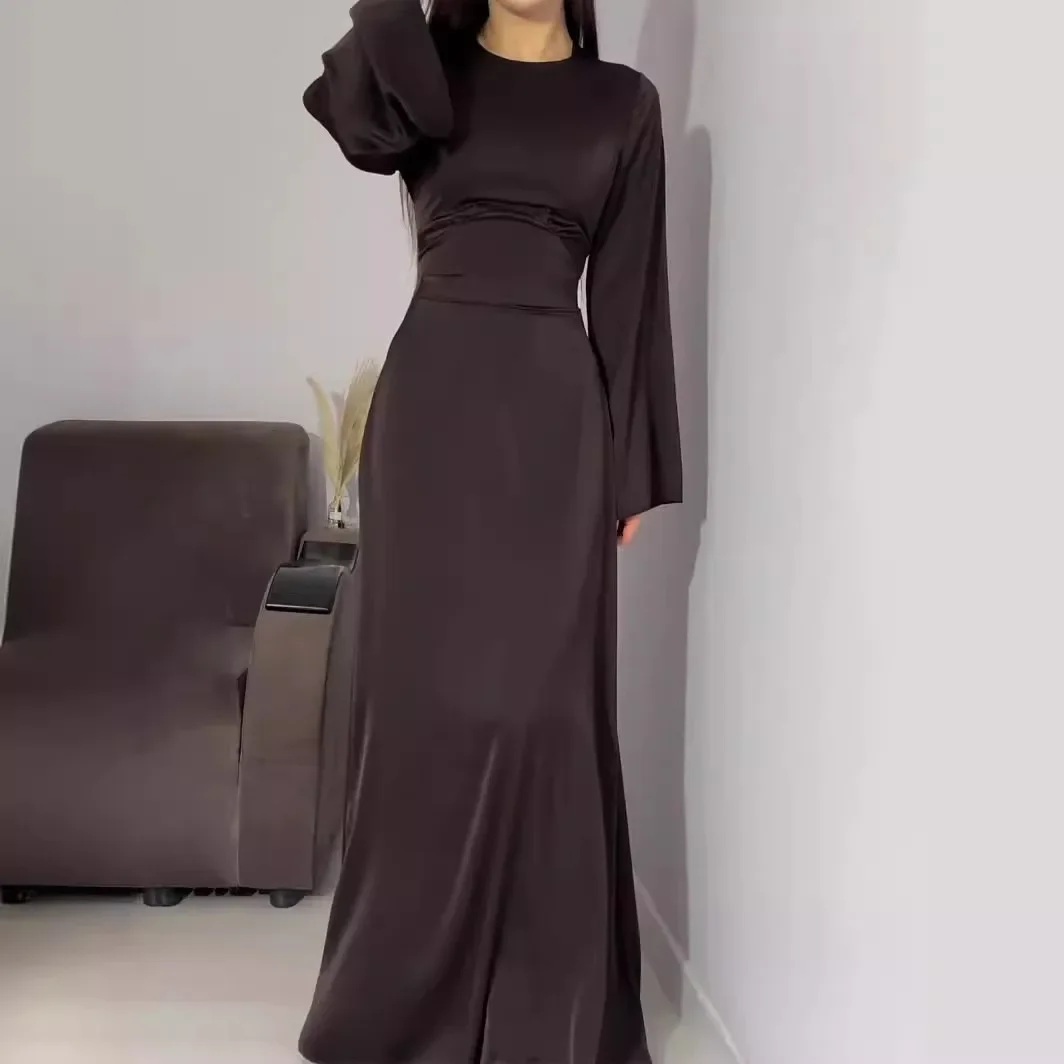 Abaya-Robe en Satin à Manches sulfpour Femme, Bretelles de Taille, Couleur Unie, Mode Décontractée, Col Rond, Évasée, Nouvelle Collection