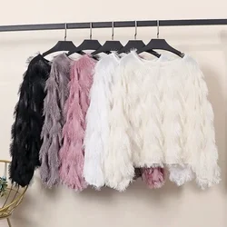 Blouse Women Autumn Wave Shape Furry Tassel Long Sleeve Pullover Top Women Blusas Ropa De Mujer