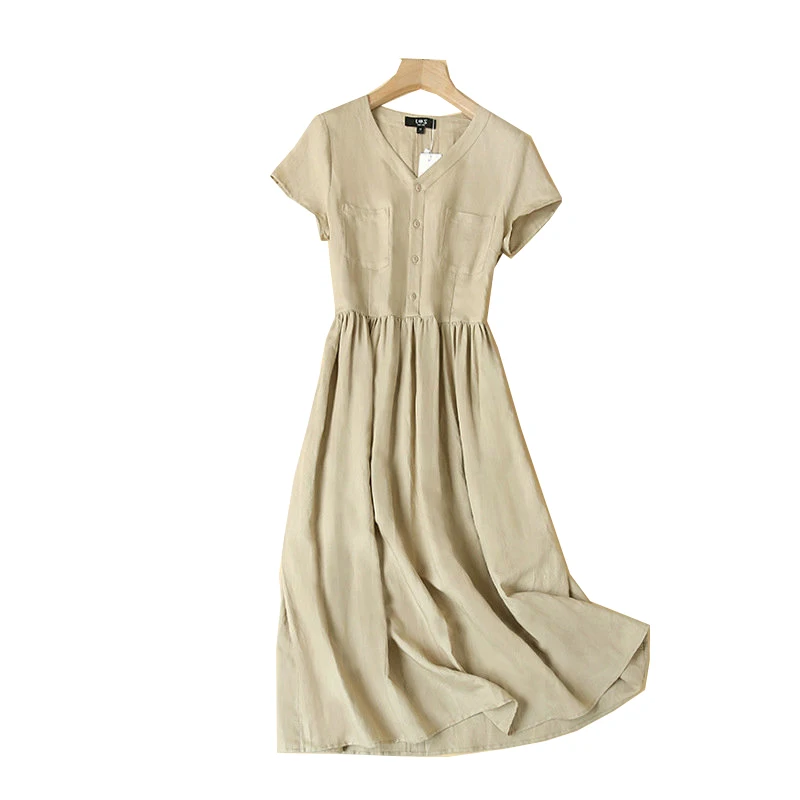 Summer Slimming V-Ne Midi Dr Faionable Thin Cotton Linen Blend Waist-Cinching ort Sve Retro Skirt Commute Sle