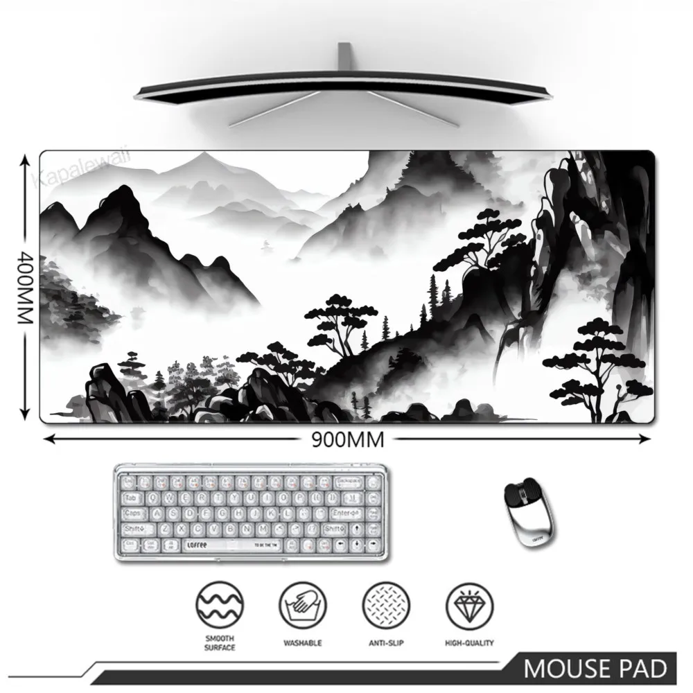 Laptop Gamer Mousepad Gaming Mountain Serenity Mouse Pad Large Rug Locking Edge Keyboard 100x50cm Desk Mat Black And White