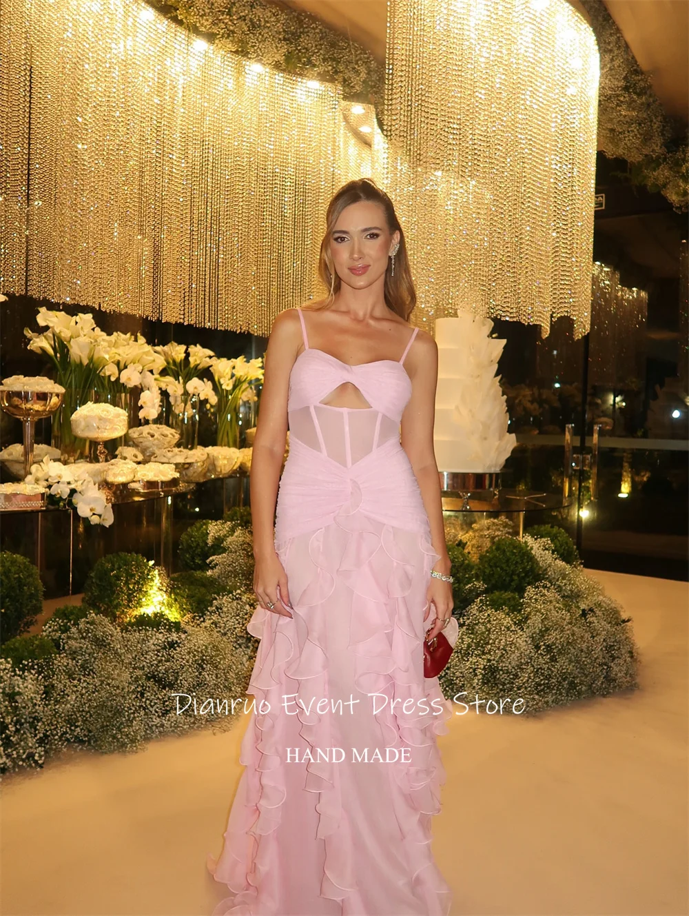 فساتين سهرة Dianruo بحزام سباغيتي الوهمية مكشكشة رداء De Soirée نسائي رشيق وردي فيستدوس دي فيستا مخصص