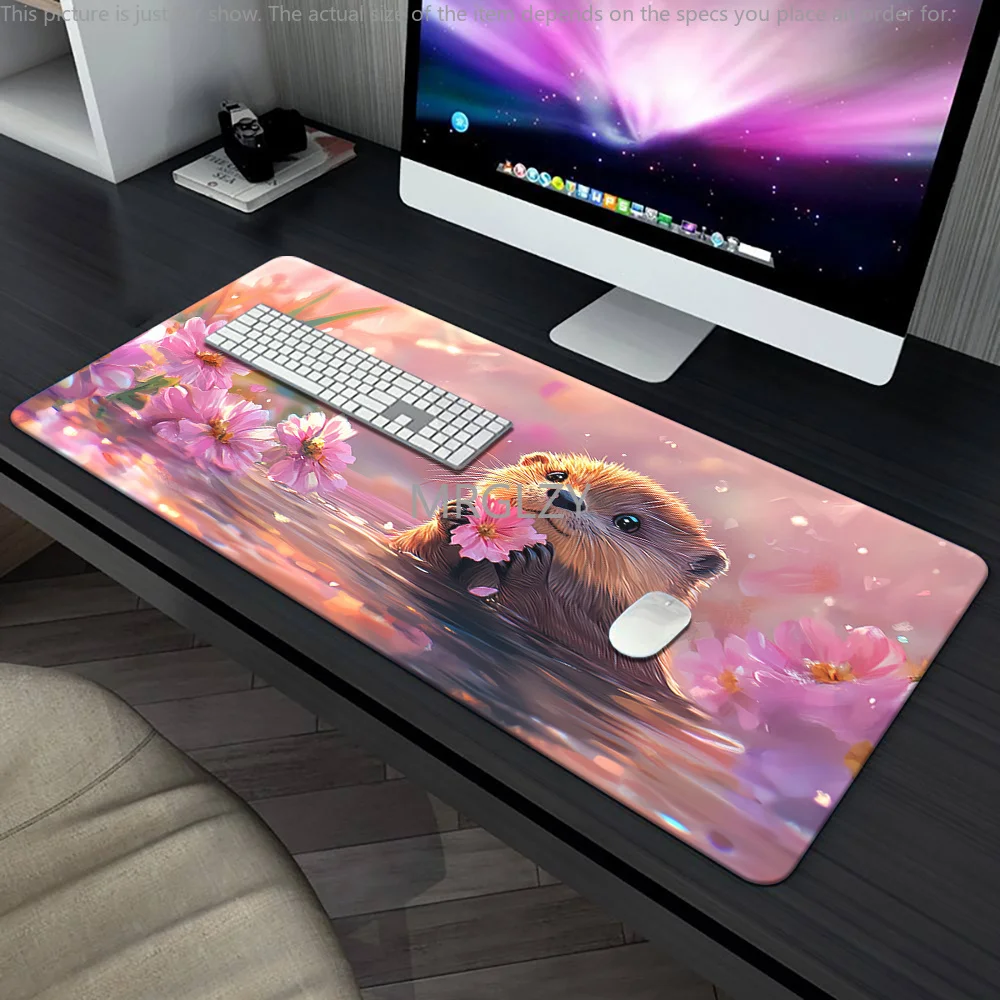 

Peach Blossom Otter Mouse Pad Large Rubber Base Anti-slip PC Desk Accessories Mousepad for Offices and Gamer Keyboard Decor Mat