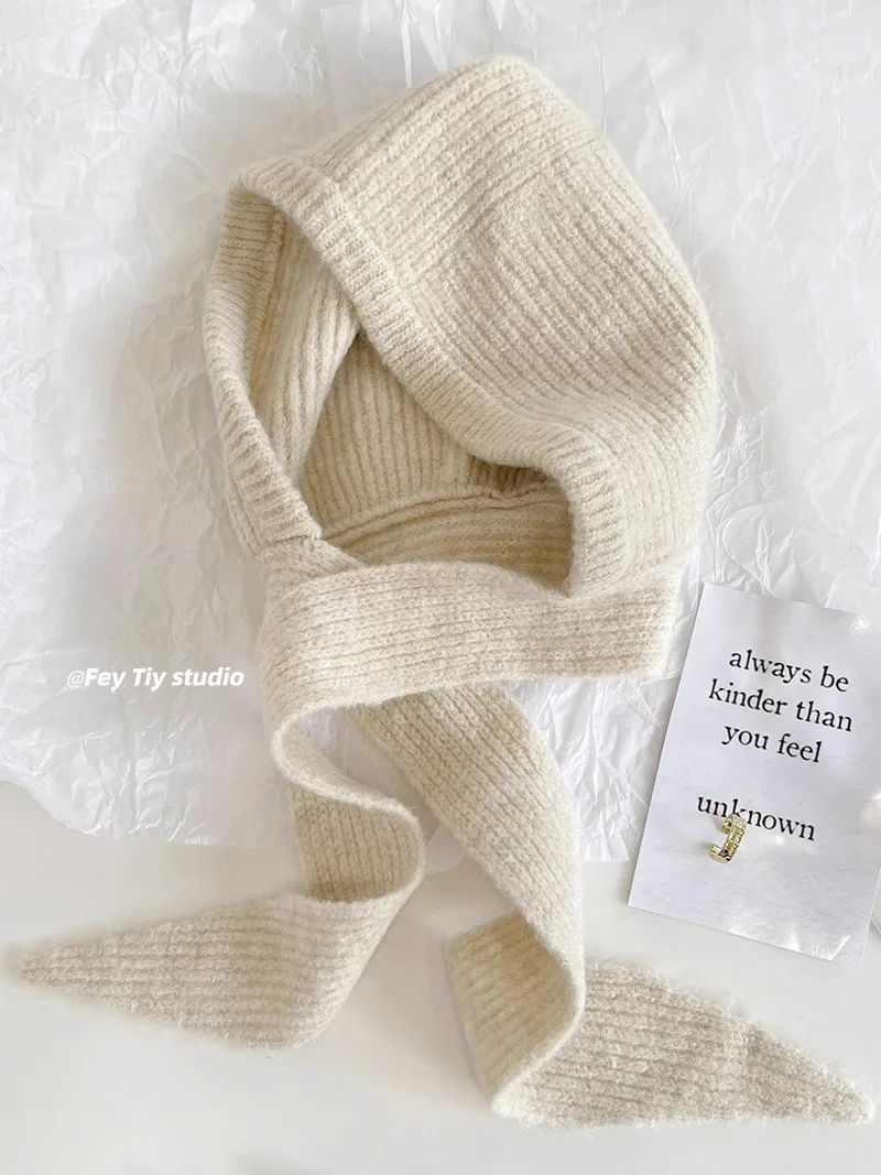 Koreanische Kapuzenschal-Balaclava-Mütze mit Ohrenschutz, warme Mütze für Damen, Retro-Mütze mit Schleife, Winter-Accessoires, gestrickte Mütze. – Detail 6