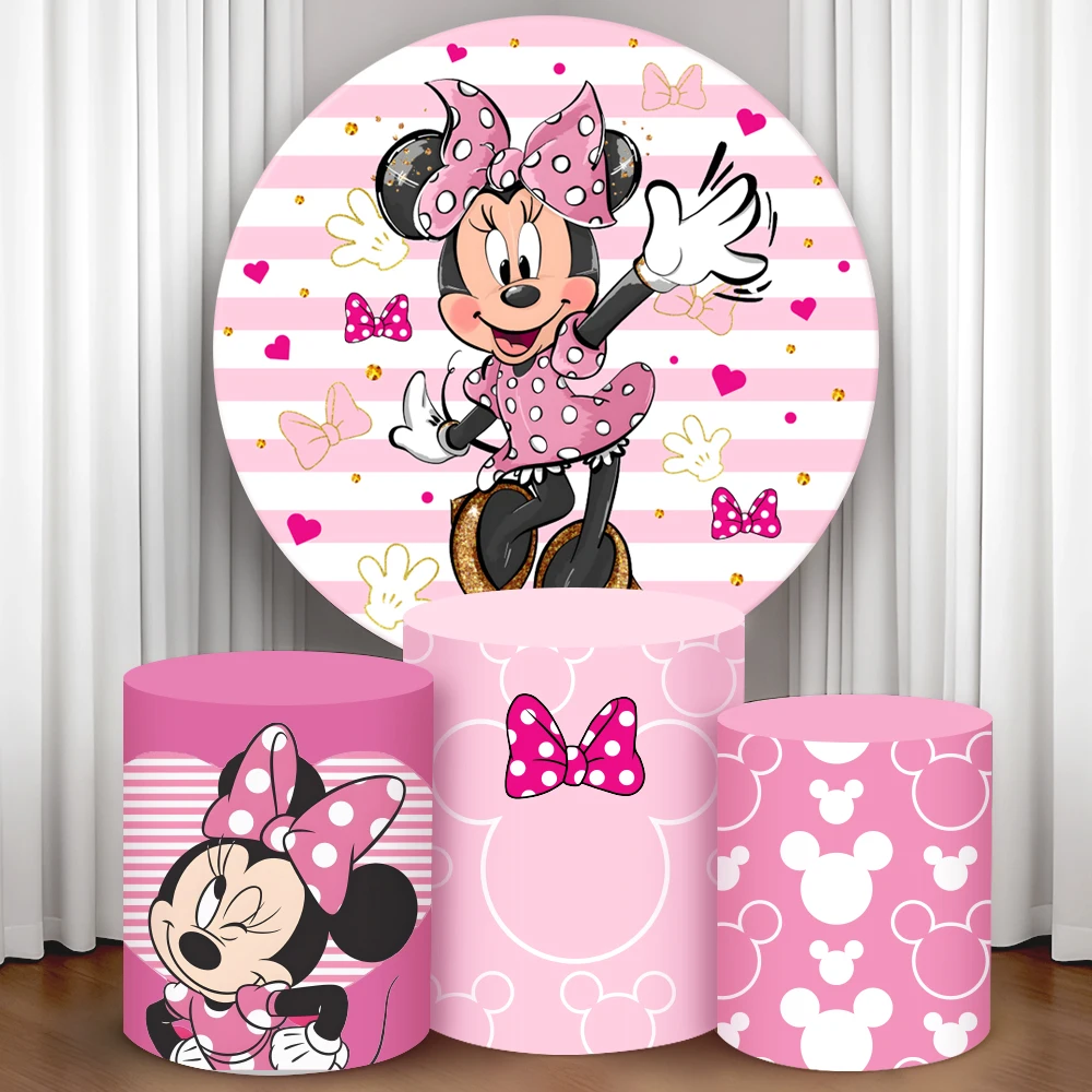 

Disney Minnie Pink Round Cylinder Backdrop Cover Girls Birthday Party Cylindrical Cake Table Cover Baby Shower Party Photograph