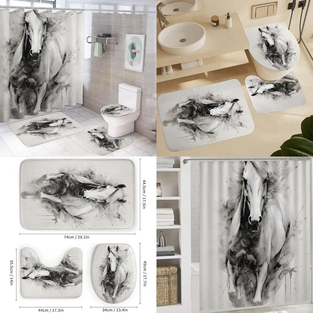 

Modern White Horse Ink Painting Shower Curtain Set with Matching Bath Accessories and Rug for Stylish Bathroom Decor