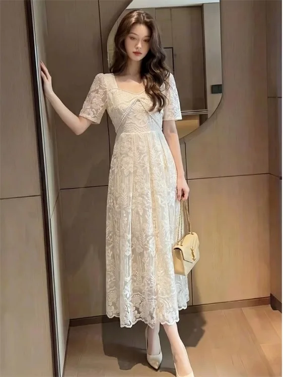 

Elegant Lace Embroidery Midi Dress Summer Slimming Waist Square Collar Over-Knee Fairy Skirt Short Sleeve Zipper Back Closure