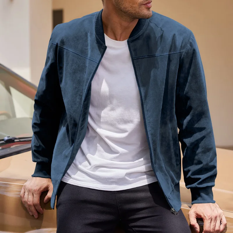 Autumn Suede Solid Color Men's Zipper Jacket Casual Vintage Travel Long Sleeve Cardigan Jacket Men's