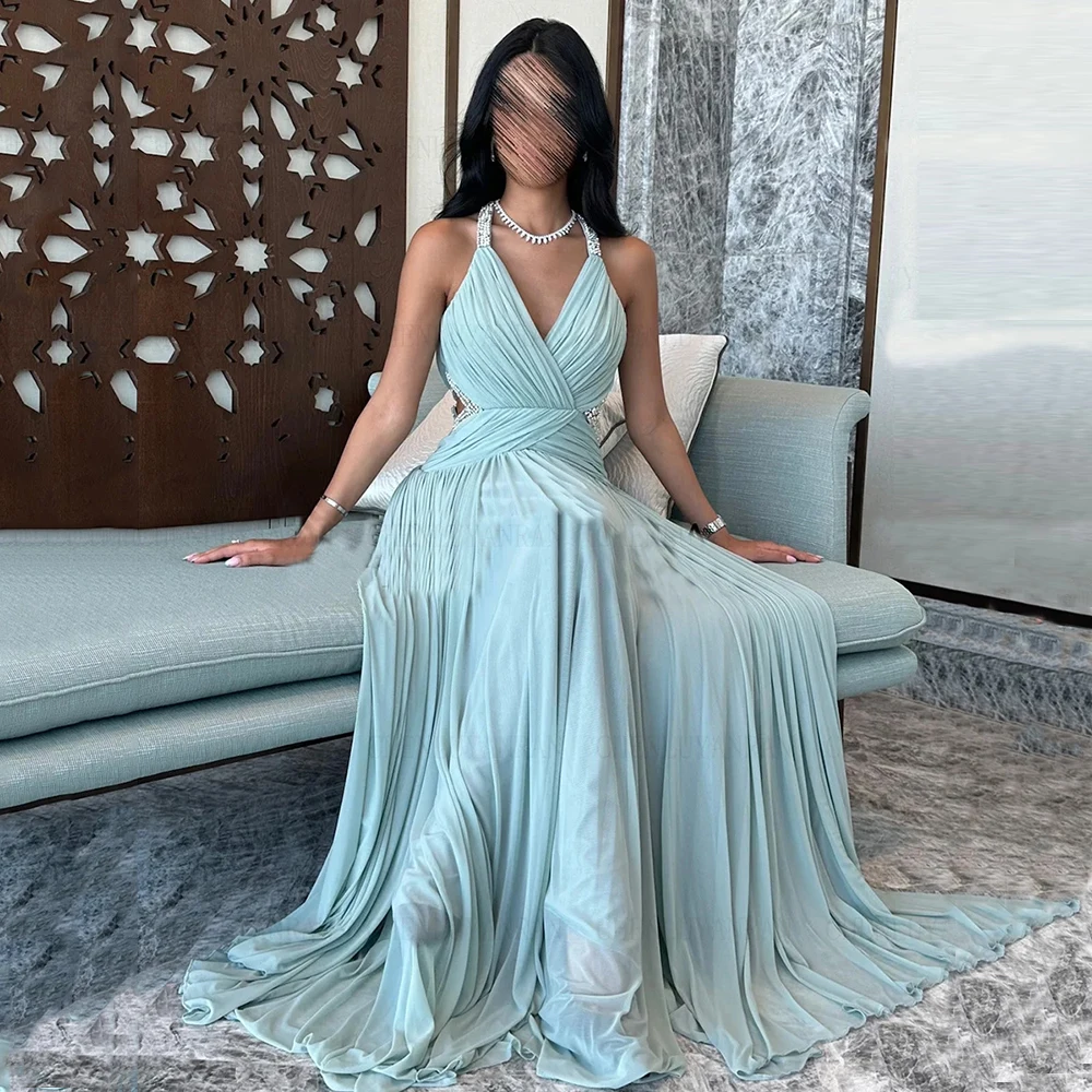 

Customized Yipeisha Simple Blue Chiffon Spaghetti Formal Occasion Dresses V-neck Criss-Cross Draped Straight Evening Gowns