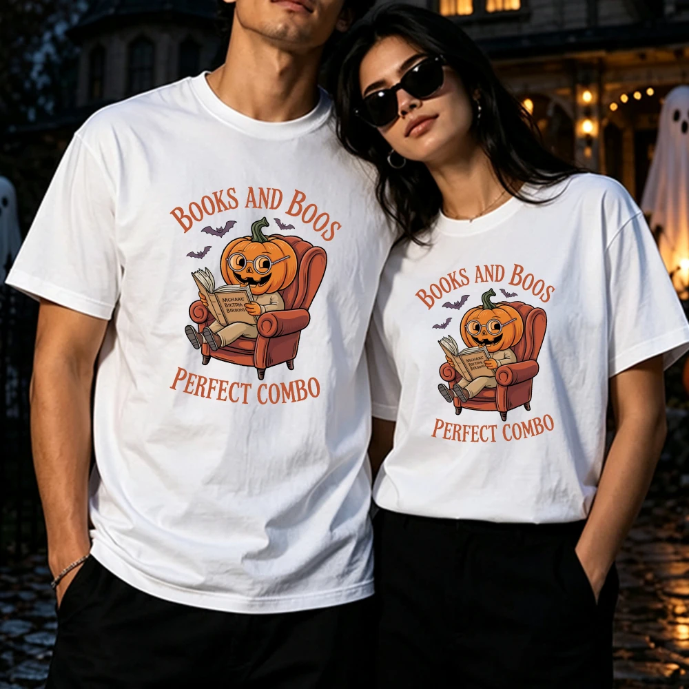 Books and Boos Perfect Combo T Shirt Cotton Pumpkin Reading Graphic Tee Men Women Halloween Bat Fall Spooky Season Casual Top