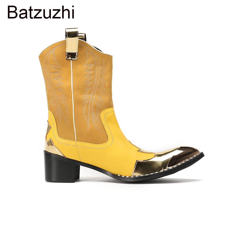 

Batzuzhi Punk Luxury Men's Boots with Golden Iron Toe Yellow Genuine Leather Ankle Boots Man 6.5cm High Heels Western Cowboy