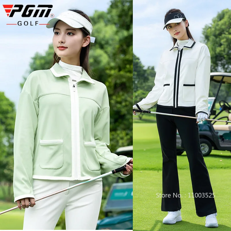 PGM New Golf Jacket for Women Spliced Zipper Fashion Coat Ladies Lapel Long Sleeves Windproof Jackets Fashion Casual Tops