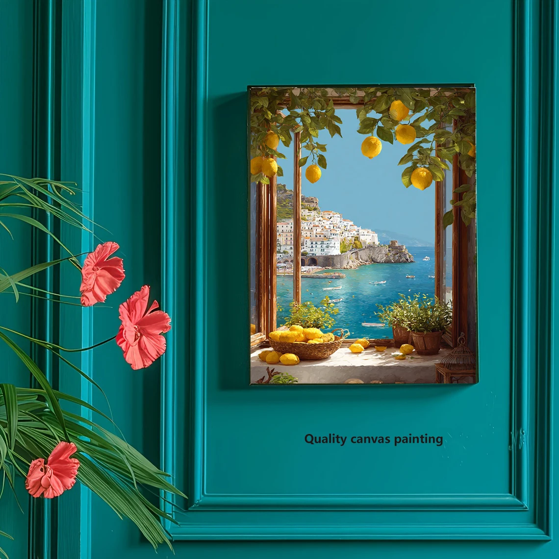 No Framed Poster Featuring a Seaside View, Depicting Lemon Harvest Art, Perfect for Coastal-Themed Decor. Ideal for Summer Retre