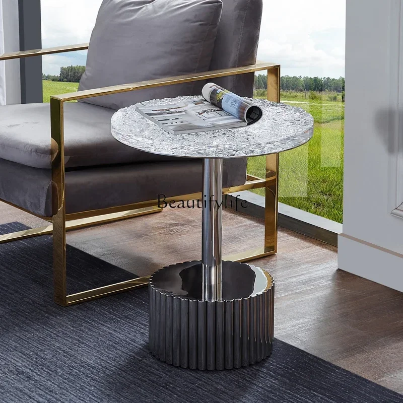 Mesa de centro de acero inoxidable para sala de estar, mesa de centro de acrílico transparente con ondas de agua creativas de diseño, borde de sofá ligero de lujo