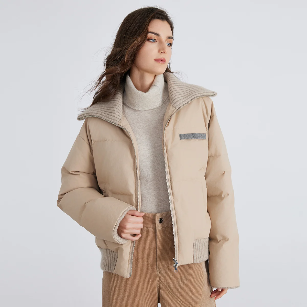 

BC835 White goose down with large lapel warm zipper long-sleeved down jacket 100 cashmere warm coat