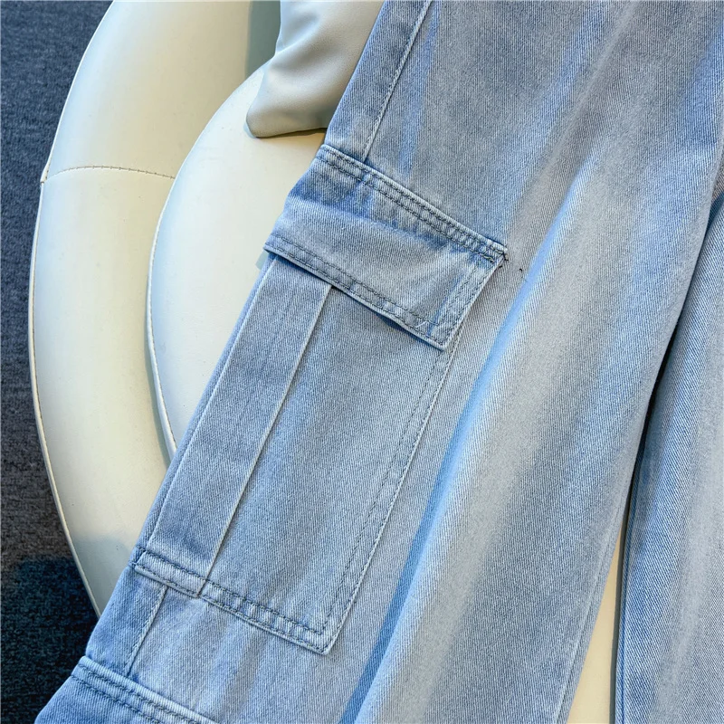 Lichtblauwe jeans met wijde pijpen voor dames Hoge taille Losse casual rechte cargo-denimbroek Lente herfst retro broek