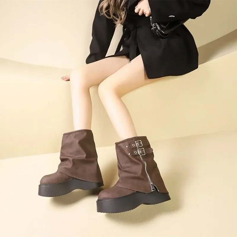 Women\'s High Platform Motorcycles Boots Winter 7CM Wedge Heels Mid-calf Boots Female Chunky Sneakers Autumn Leather Shoes Woman