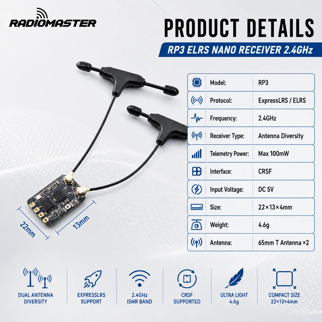 RadioMaster RP3 ELRS 2.4GHz Nano Receiver Antenna Diversity TCXO 500Hz F1000Hz WiFi Firmware CRSF For Long Range FPV Drone Boxer view 4