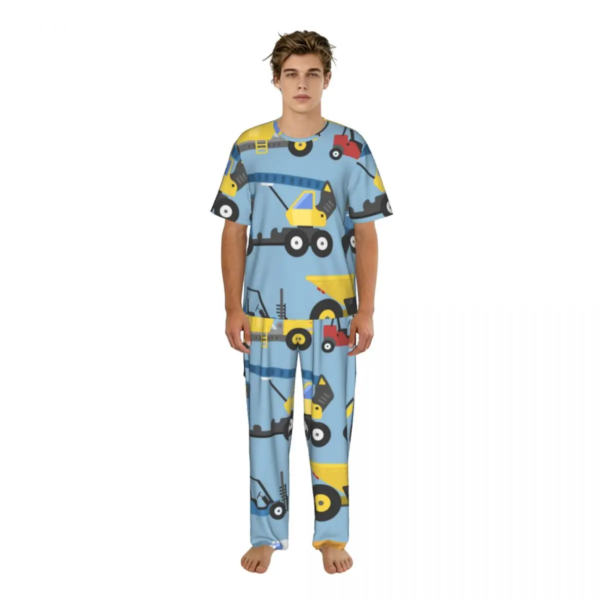 

Мужской пижамный комплект с милым принтом машин и грузовиков, с коротким рукавом, весенне-летняя домашняя одежда для сна, мужская ночная одежда
