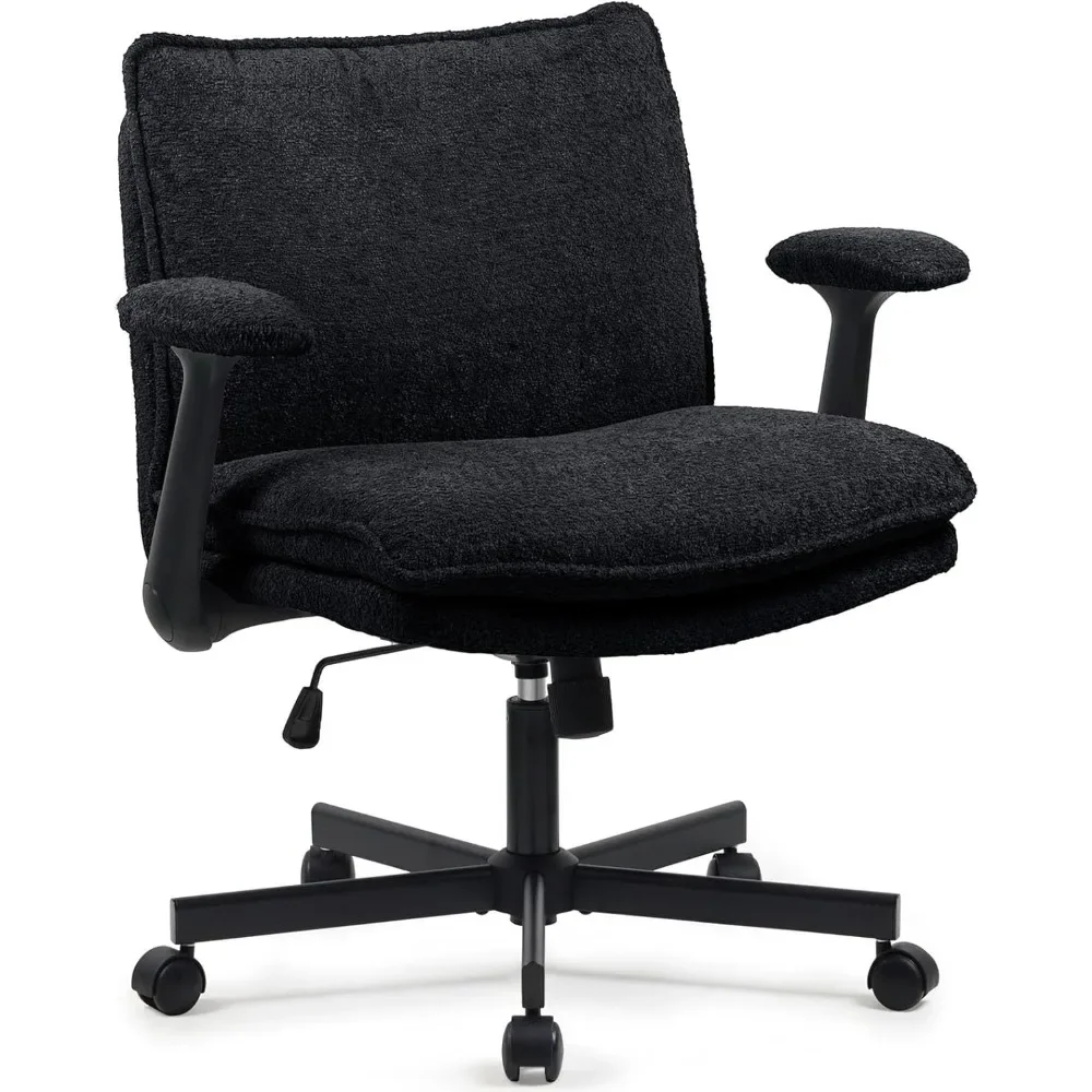 Cross Legged Office Chair, Criss Cross Desk Chair with Wheels and Flip-Up Armrests, Upholstered Swivel Chair, Wide Seat Chair