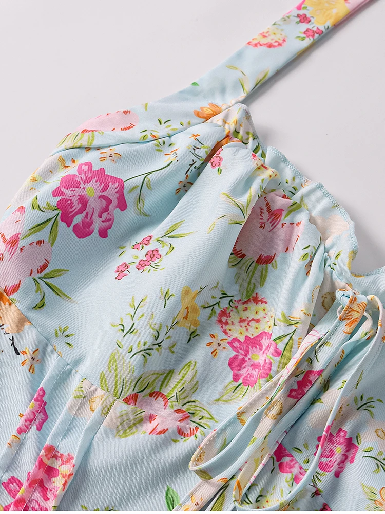 NewAsia Damen Neckholder, rückenfrei, bedruckt, Blumenmuster, Midi-Korsettkleid, Spaghettiträger, zum Binden, modisch, lässig, Urlaub, lange Kleider, Rosa – Detail 27