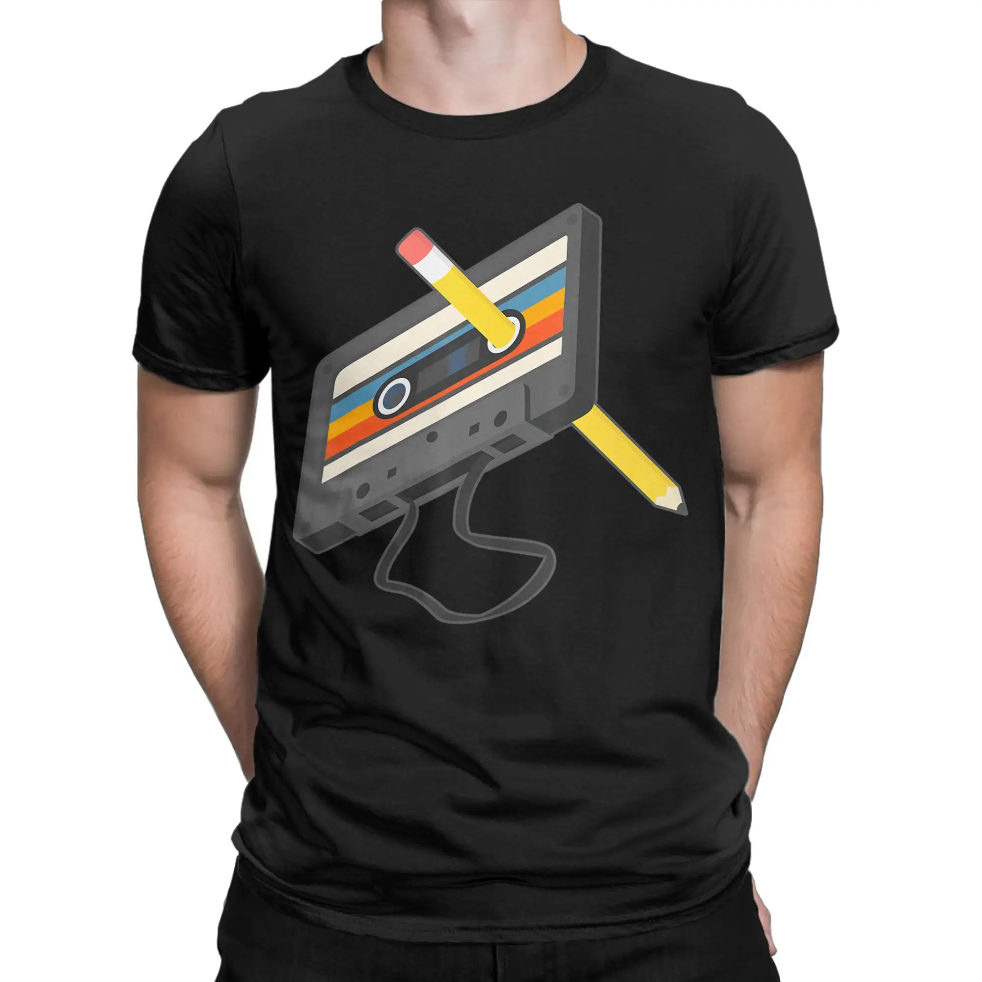 Men Retro Cassette Tape Pencil 70's 80's 90's Music Mixtape T-Shirts  100% Cotton Tees Summer Y2K Retro Short-Sleeved T-Shirt