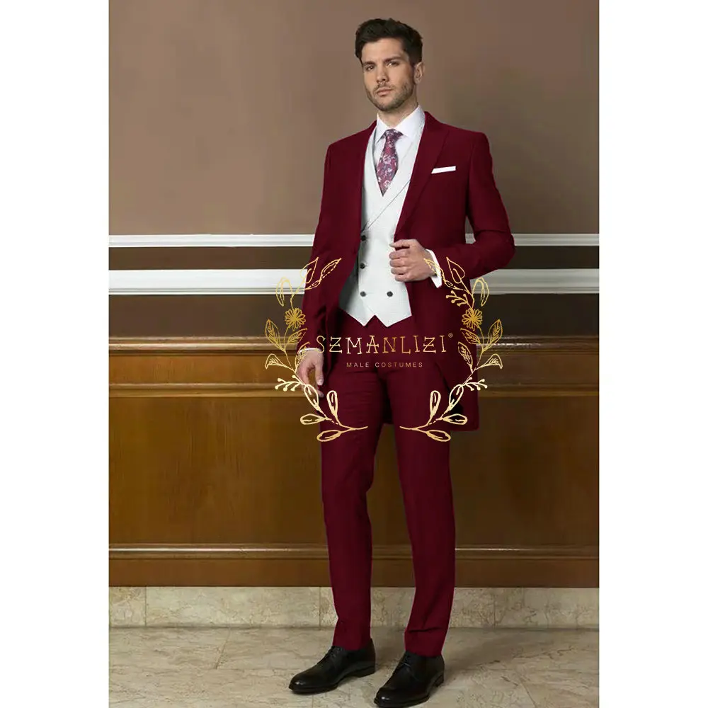 Italian Tailcoat Men Suits 3 Pieces Wedding Suits for Male Groomsmen Set (Jacket+Pants+Vest) Slim Fit Groom Homme Costume